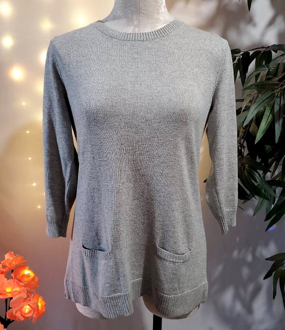 Talbots Knit Gray Heathered 3/4 Sleeve Sweater Women's Size L with Pockets